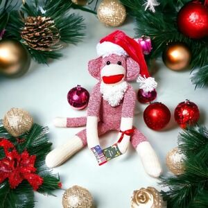 Santa Sock Monkey Stuffed Animal Toy Ozark Mountain Kids USA NOS Folk Art